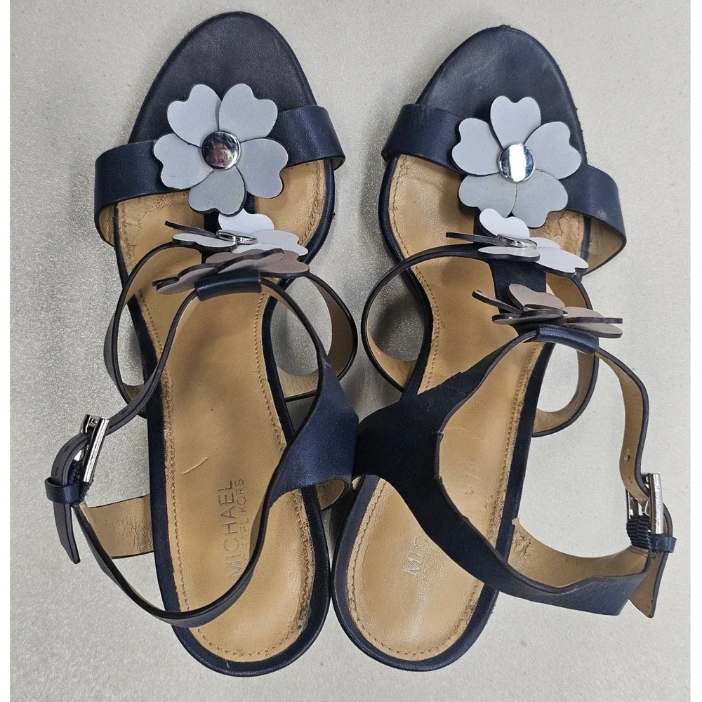 Michael Kors Navy Blue Leather Floral Applique‎ Block Heel Sandals SH16L 9.5M